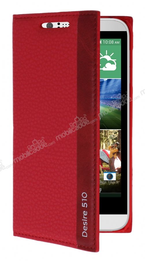 HTC Desire 510 Gizli Mıknatıslı Yan Kapaklı Kırmızı Deri Kılıf