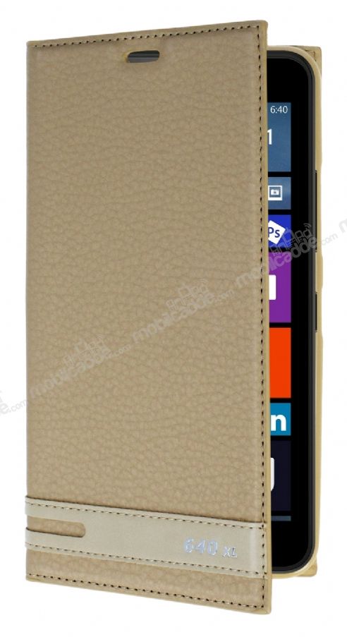 Microsoft Lumia 640 XL Gizli Mıknatıslı Yan Kapaklı Gold Deri Kılıf