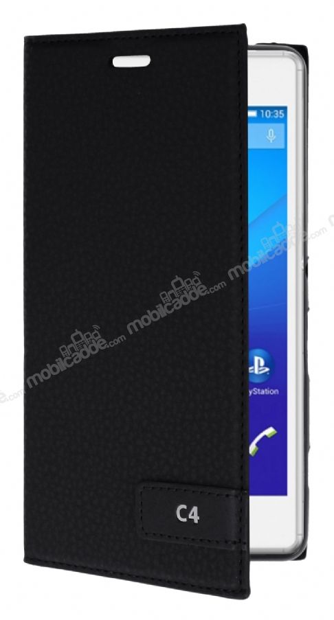 Sony Xperia C4 Gizli Mıknatıslı Yan Kapaklı Siyah Deri Kılıf