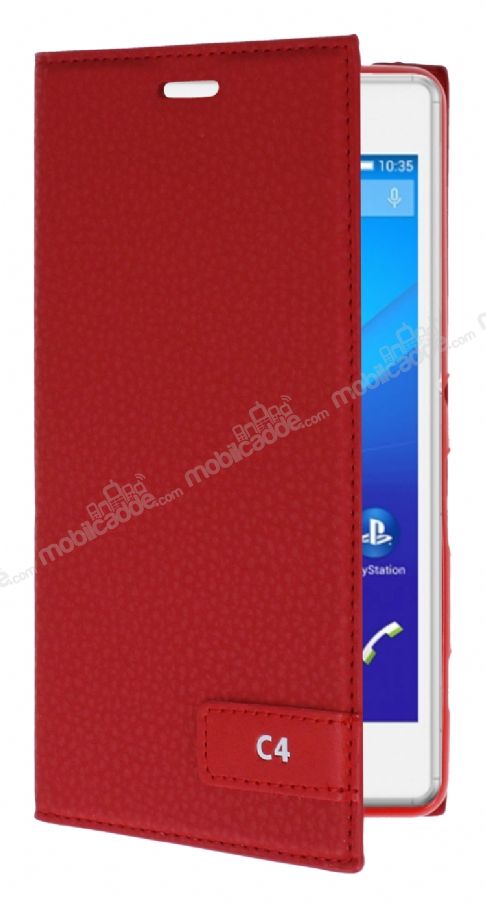 Sony Xperia C4 Gizli Mıknatıslı Yan Kapaklı Kırmızı Deri Kılıf