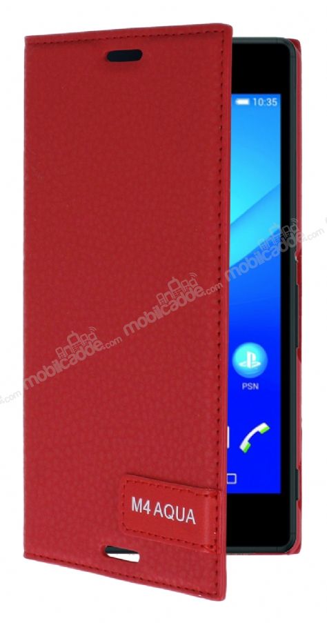 Sony Xperia M4 Aqua Gizli Mıknatıslı Yan Kapaklı Kırmızı Deri Kılıf