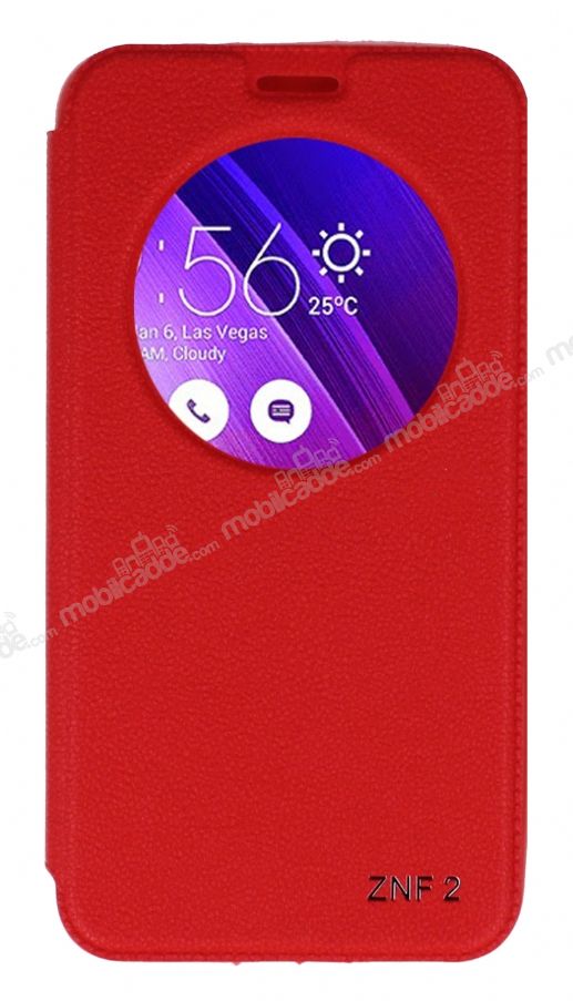 Eiroo Slim Craft Asus Zenfone 2 Pencereli Standlı Kırmızı Deri Kılıf