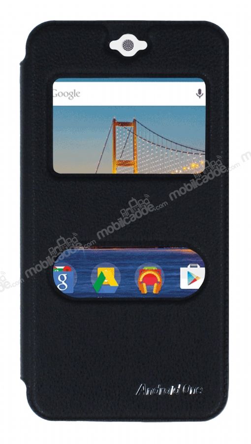Eiroo Slim Craft General Mobile Android One Pencereli Standlı Siyah Deri Kılıf