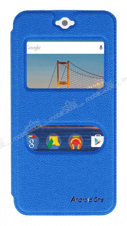 Eiroo Slim Craft General Mobile Android One Pencereli Standlı Mavi Deri Kılıf