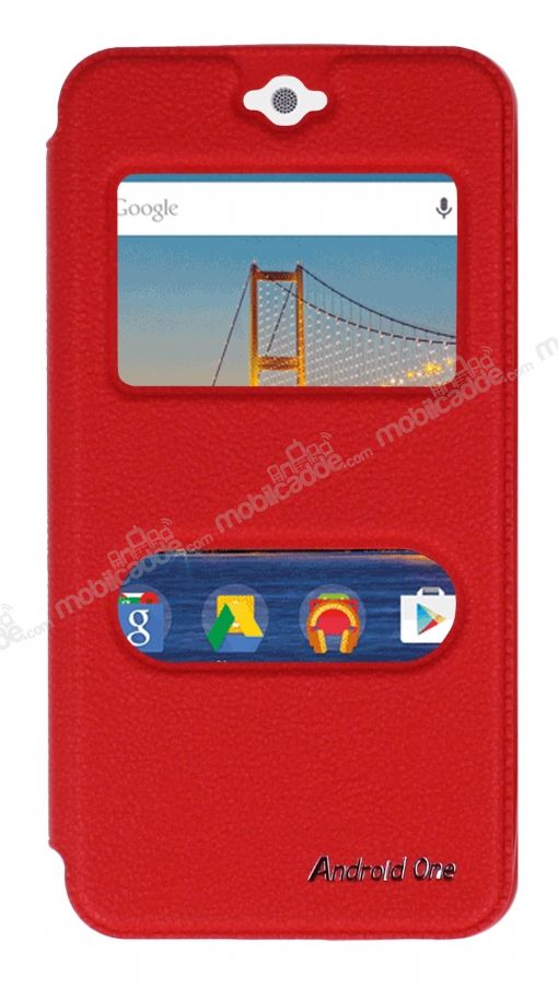 Eiroo Slim Craft General Mobile Android One Pencereli Standlı Kırmızı Deri Kılıf