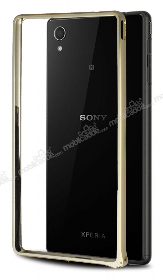 Eiroo Sony Xperia M4 Aqua Gold Çizgili Round Metal Bumper Çerçeve Gold Kılıf