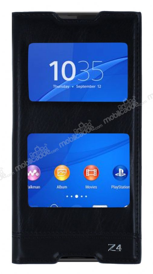 Sony Xperia Z3 Plus Gizli Mıknatıslı Çift Pencereli Siyah Deri Kılıf