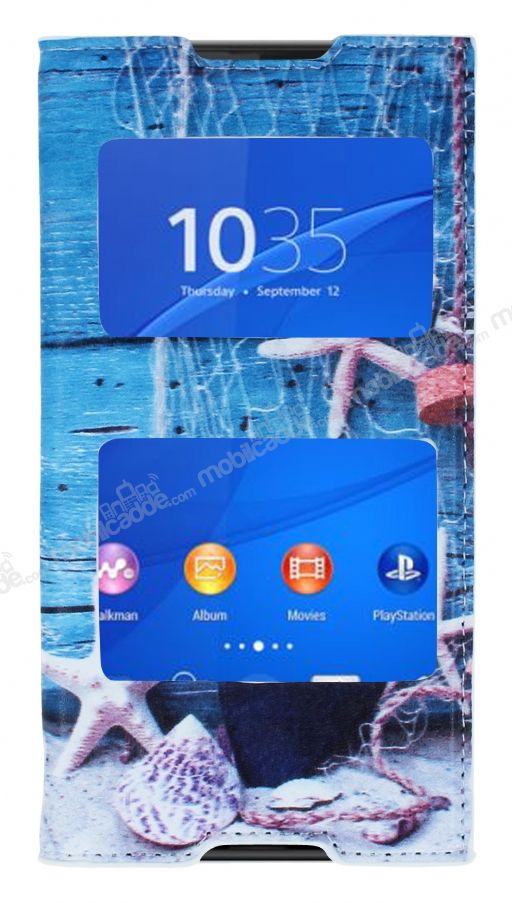 Sony Xperia Z3 Plus Gizli Mıknatıslı Pencereli Deniz Yıldızı Deri Kılıf