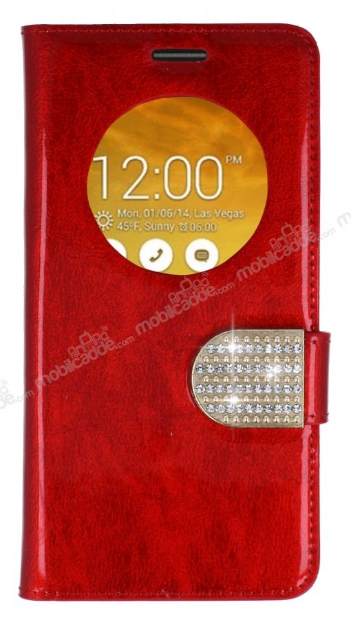 PinShang Asus Zenfone 5 Pencereli Taşlı Standlı Rugan Kırmızı Kılıf
