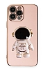 Eiroo Astronot iPhone 14 Pro Standl Pembe Silikon Klf