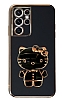 Eiroo Aynal Kitty Samsung Galaxy S21 Ultra Standl Siyah Silikon Klf