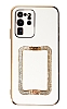Eiroo Crystal Serisi Samsung Galaxy S20 Ultra Kare Gold Tal Tutuculu Beyaz Silikon Klf