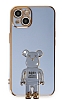 Eiroo iPhone 13 Baby Bear Standl Mavi Silikon Klf