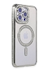 Eiroo iPhone 14 Pro Max Magsafe Özellikli Kamera Korumalı Simli Taşlı Silver Silikon Kılıf