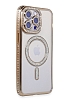 Eiroo iPhone 14 Pro Max Magsafe Özellikli Kamera Korumalı Simli Taşlı Gold Silikon Kılıf