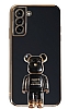 Eiroo Samsung Galaxy S21 Plus Baby Bear Standl Siyah Silikon Klf