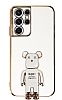 Eiroo Samsung Galaxy S21 Ultra Baby Bear Standl Beyaz Silikon Klf