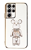 Eiroo Samsung Galaxy S21 Ultra Candy Bear Standl Beyaz Silikon Klf