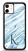 Dafoni Glossy iPhone 12 Mini 5.4 in Kiiye zel Harf Simli Mavi Mermer Klf