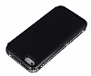 Shengo iPhone SE / 5 / 5S Tal Metal Kenarl nce Yan Kapakl Siyah Deri Klf - Resim: 5