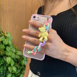 iPhone 12 6.1 inç Bilek Askılı Ayıcıklı Zincirli Kamera Korumalı Pembe Kılıf - 3
