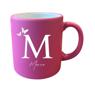 Kişiye Özel Baskılı Harfli İsimli Kelebekli Pembe Kupa - Mch