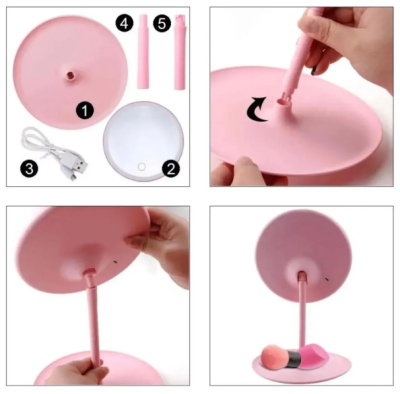 LED Işıklı Dokunmatik Masa Üstü Pembe Makyaj Aynası - 3