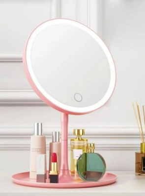 LED Işıklı Dokunmatik Masa Üstü Pembe Makyaj Aynası - 1