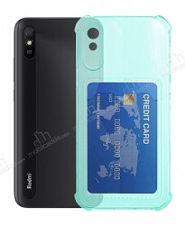 Xiaomi Redmi 9A Kartlıklı Kamera Korumalı Şeffaf Yeşil Rubber Kılıf - Eiroo