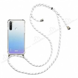 Xiaomi Redmi Note 8 Beyaz Çizgili Askılı Şeffaf Silikon Kılıf - Eiroo